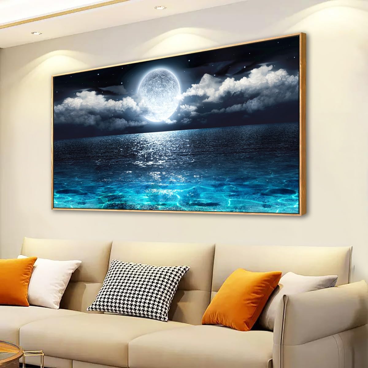 Wall Art Moon Sea Ocean Landscape Picture Canvas Wall Art Print Paintings Modern Artwork for Living Room Wall Decor and Home Décor Framed Ready to Hang,1inch Thick Frame, Waterproof Artwork.