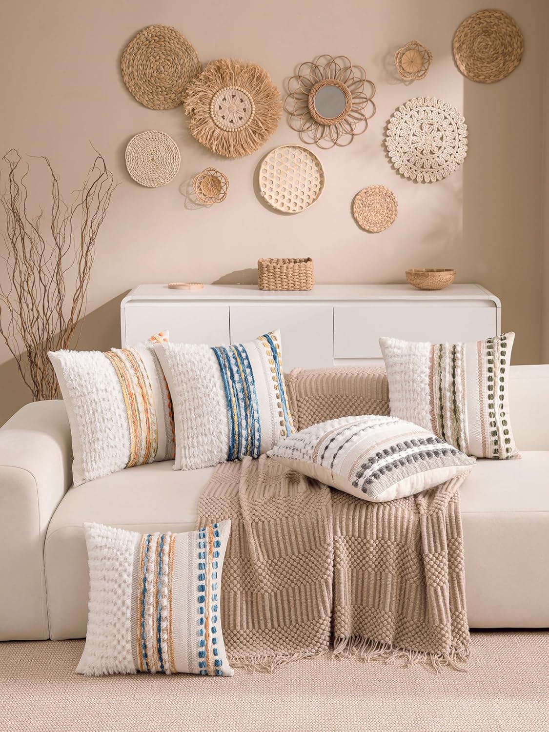 Boho Chenille Tufted Couch Throw Pillow Covers 18x18 Inch Set of 2 Farmhouse Striped Decorative Pillow Covers Accent Neutral Square Pillowcase Green Cushion Covers for Livingroom Sofa Bed