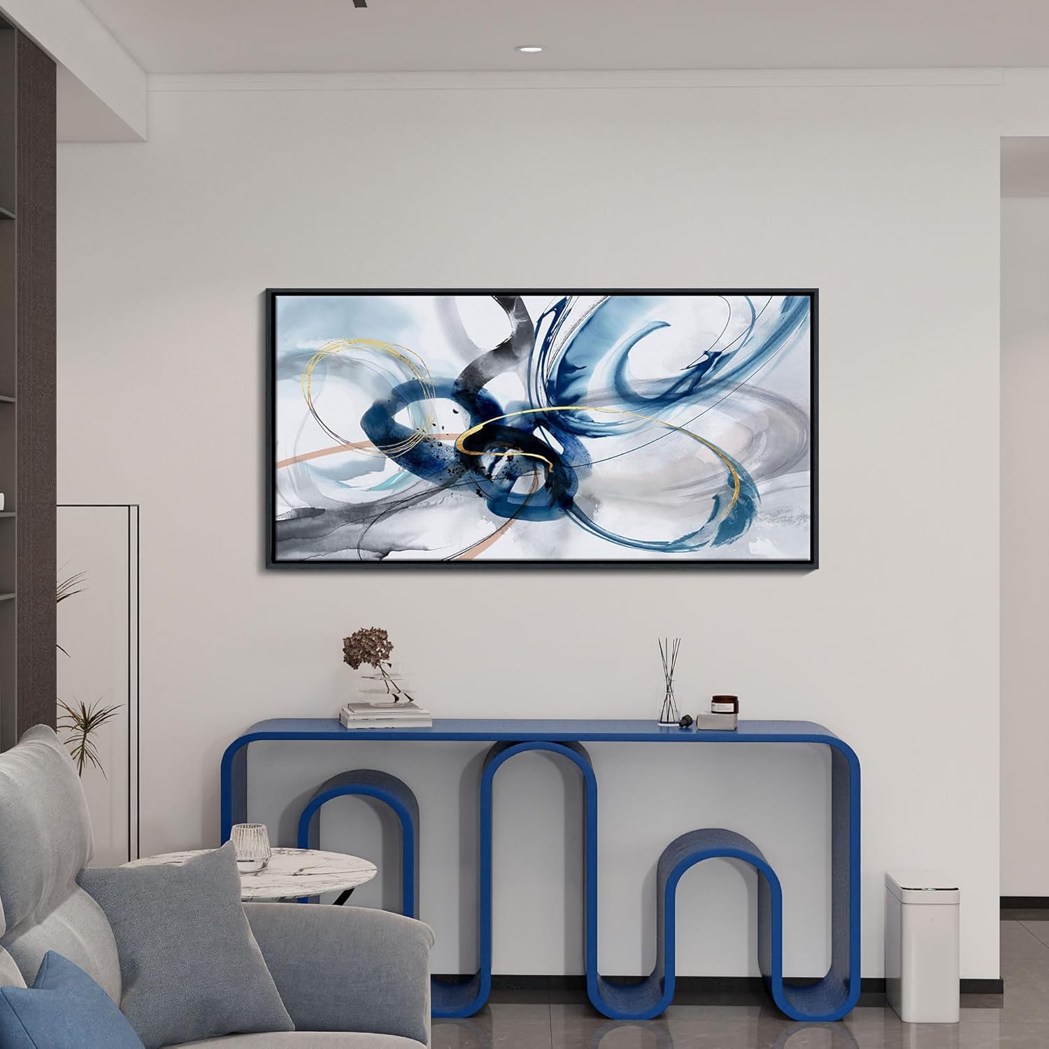 Large Wall Art for Living Room - Abstract Wall Decor Framed Picture Artwork for Wall Decorative Paintings Blue and White Modern Office Bedroom Art