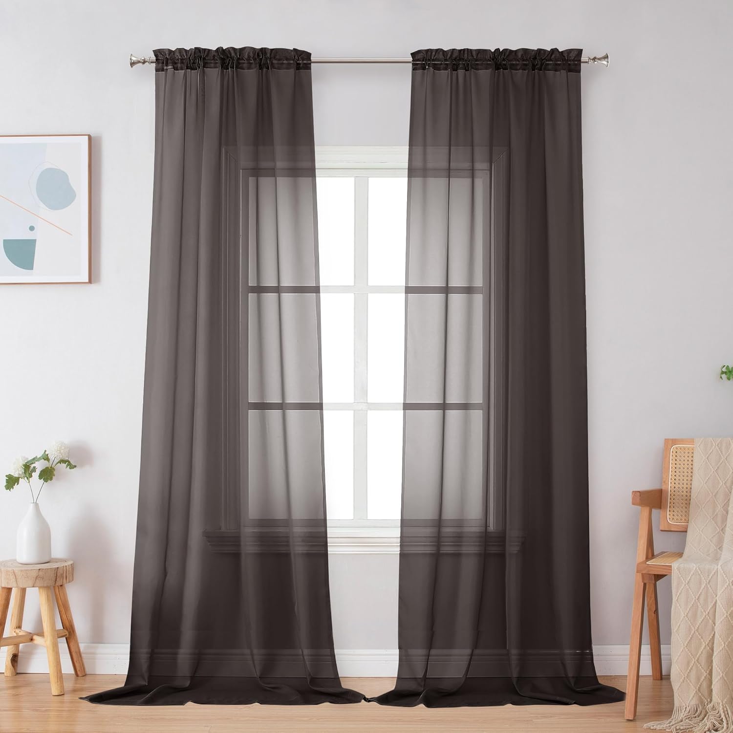 Black Sheer Curtains 63 Inch Length 2 Panels, Rod Pocket Solid Color Window Sheer Curtain Panels, Elegant Curtains & Drapes for Living Room, Bedroom 2 Panels (Black, 42" W x 63" L)