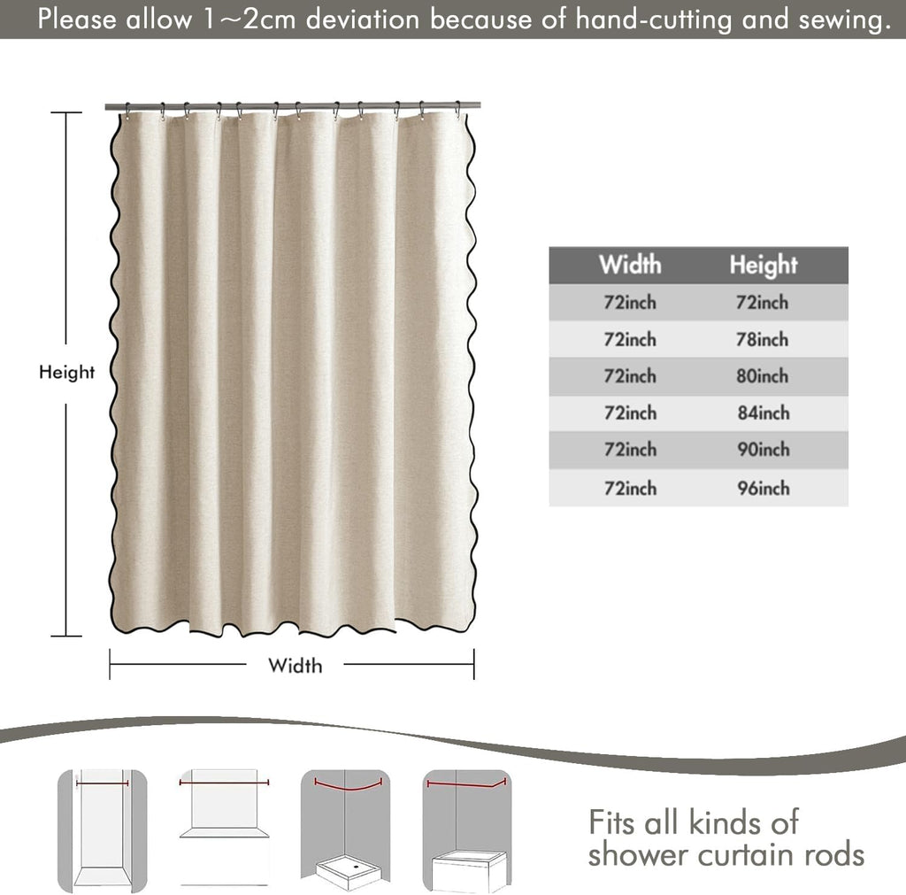 Beige Scalloped Shower Curtain Linen Textured with 12 Metal Hooks Cute Heavy Duty Washable Waterproof Neutral Thick Cloth Shower Curtains with Black Border for Bathroom Bathtub,W72*L72 Cream