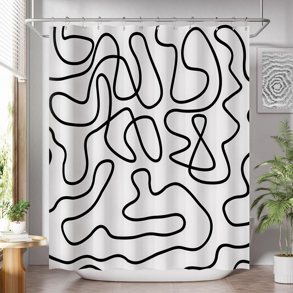 Shower Curtain, Washable Cloth Black Shower Curtain Sets with 12 Shower Curtain Hooks, Fabric Rustic Black and White Striped Curtain, Farmhouse Bathroom Curtains, 72x72 Inches