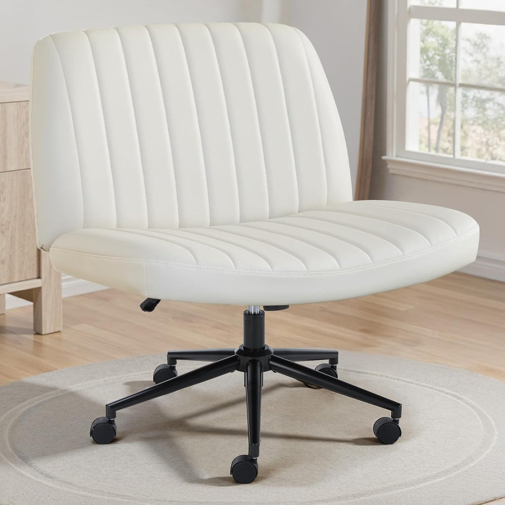 Criss Cross Chair with Wheels Wide Cross Legged Office Desk Vanity Chair Comfy Fabric Armless Adjustable Swivel for Home Computer Task Teddy Pink