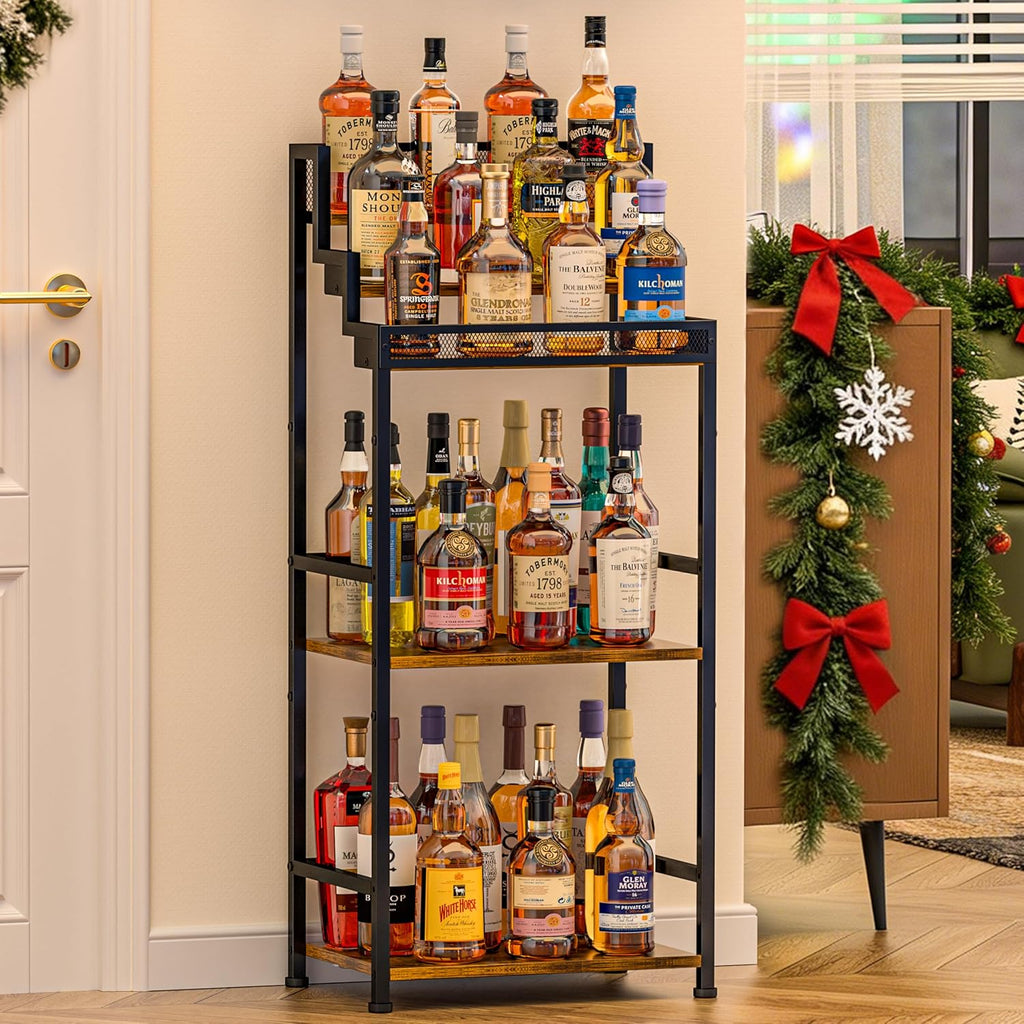Tiered Wine Rack and Liquor Cabinet, Large Capacity Freestanding Floor Wine Storage Shelf for Red Wine, Champagne & Whiskey, Stepped Bottle Display Stand for Home Bar, Living Room, Corner, Dining Room