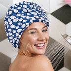 Luxury Shower Cap for Women Reusable Waterproof, Double Layered Shower Hair Cap with Adjustable Elastic Strap, Large Satin Lined Shower Bath Cap for Long Curly Straight Hair, Blue