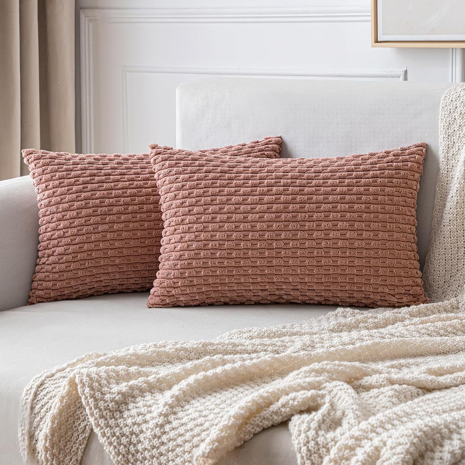 MIULEE Pack of 2 Decorative Throw Pillow Covers 18x18 Inch Soft Boho Striped Textured Corduroy Pillow Covers Spring Modern Farmhouse Home Decor for Couch Bed Sofa Living Room Sage Green