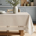 Beige Rectangle Linen Polyester Tablecloth with Decorative Cutouts Spring Waterproof Stain Resistant & Shrink-Proof Table Cloth 52x70 inch Farmhouse Style for Dining Wedding and Outdoor