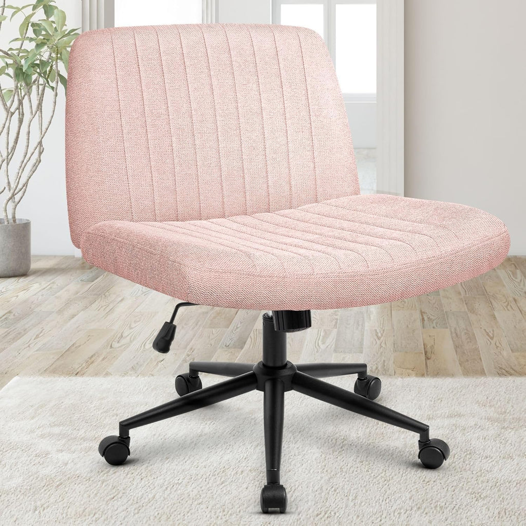 Chair Wheels Wide Cross Legged Office Desk Vanity Chair Comfy Fabric Armless Adjustable Swivel for Home Computer Task (Beige Wheel, Fabric)