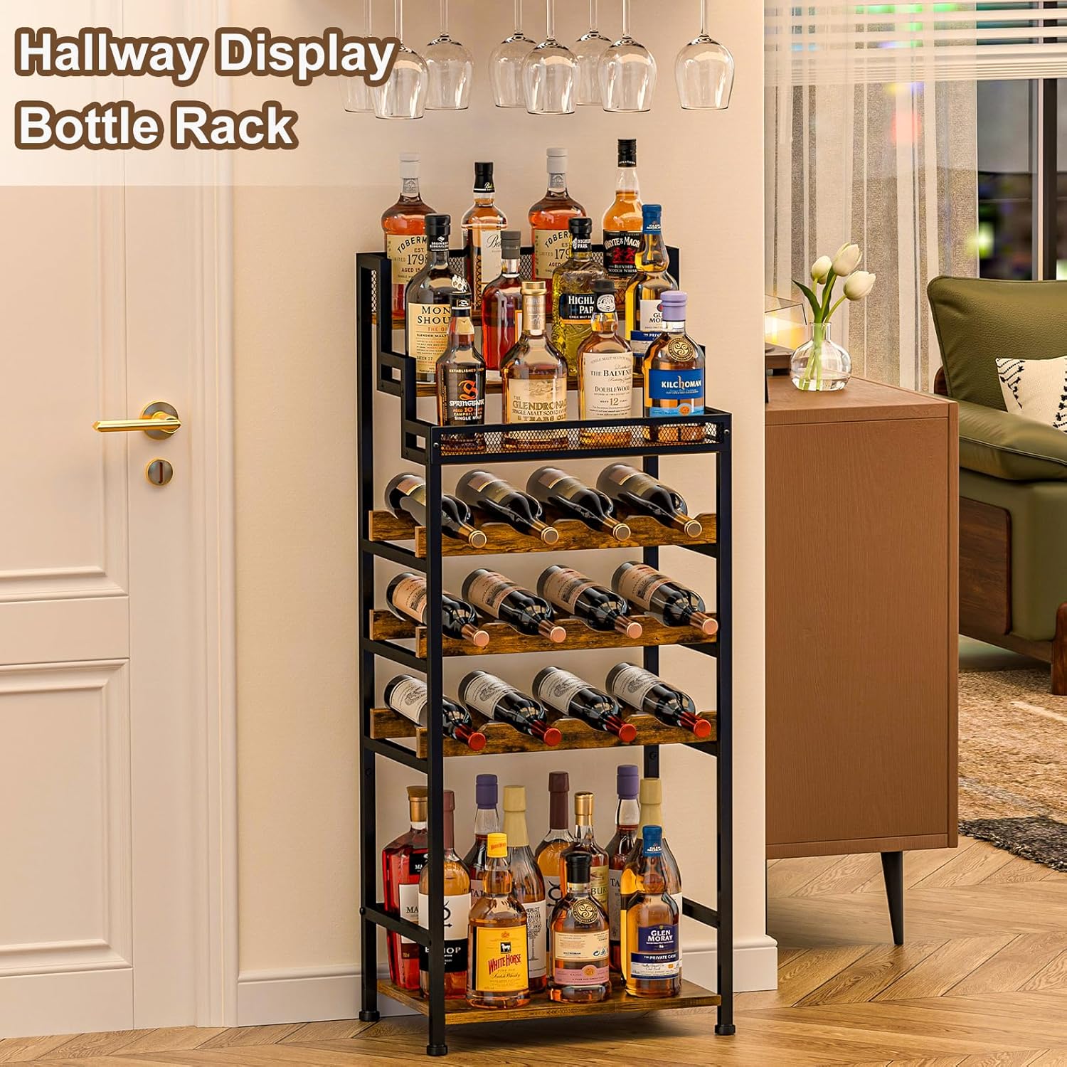 Tiered Wine Rack and Liquor Cabinet, Large Capacity Freestanding Floor Wine Storage Shelf for Red Wine, Champagne & Whiskey, Stepped Bottle Display Stand for Home Bar, Living Room, Corner, Dining Room