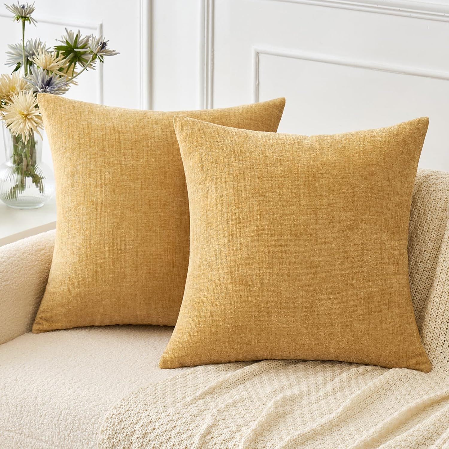 MIULEE Pack of 2 Couch Throw Pillow Covers 18x18 Inch Spring Soft Sage Green Chenille Pillow Covers for Sofa Living Room Solid Dyed Pillow Cases