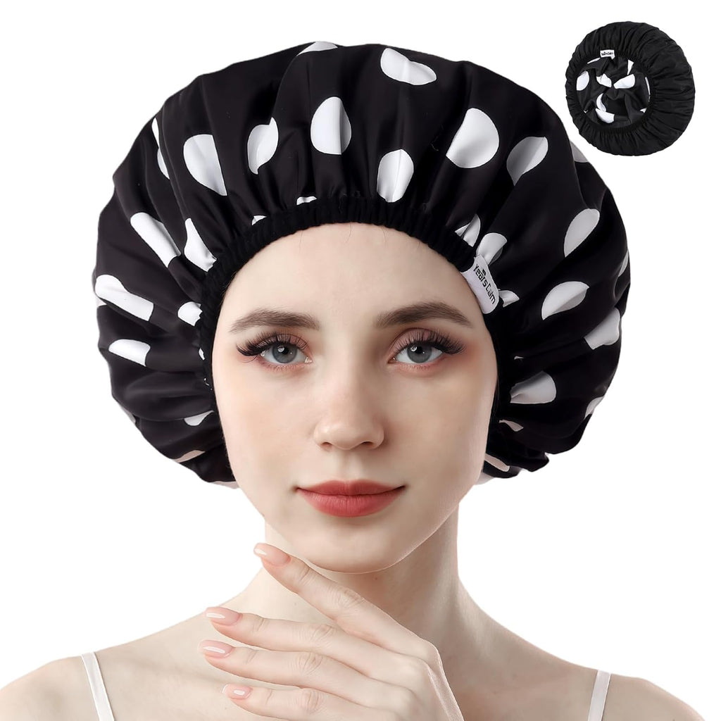 Shower Caps for Women Reusable Waterproof, Double Layer Waterproof Fabric - Both Sides Usable, Reversible Pattern & Solid Color Design, Soft Elastic Keeps Hair Dry for shower Spa Travel