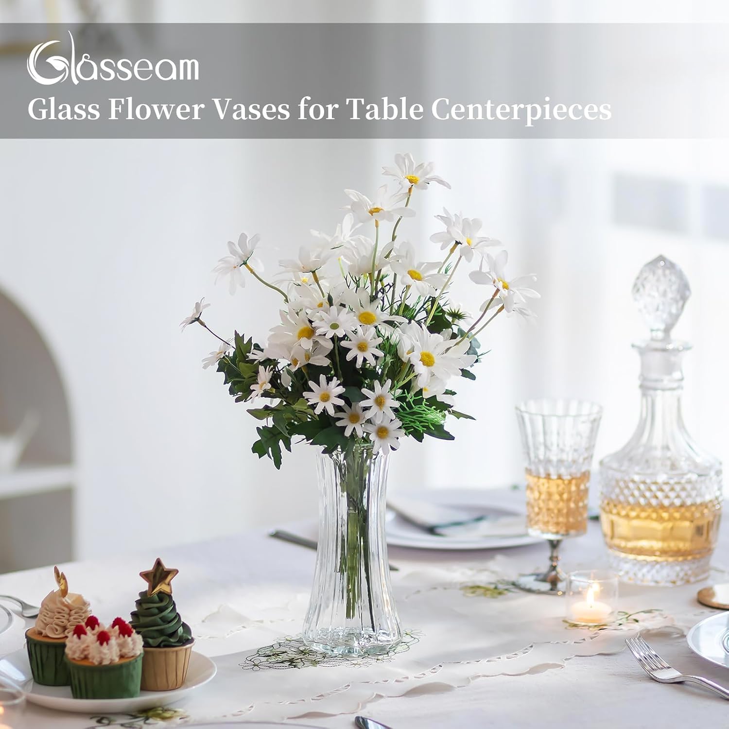 Glass Vase for Home Decor: Clear Flower Vases for Living Room Kitchen Bathroom Wedding Table Centerpieces - 7.5" Tall Modern Vintage Decorations for Bouquet Pampas Grass Lego Flowers