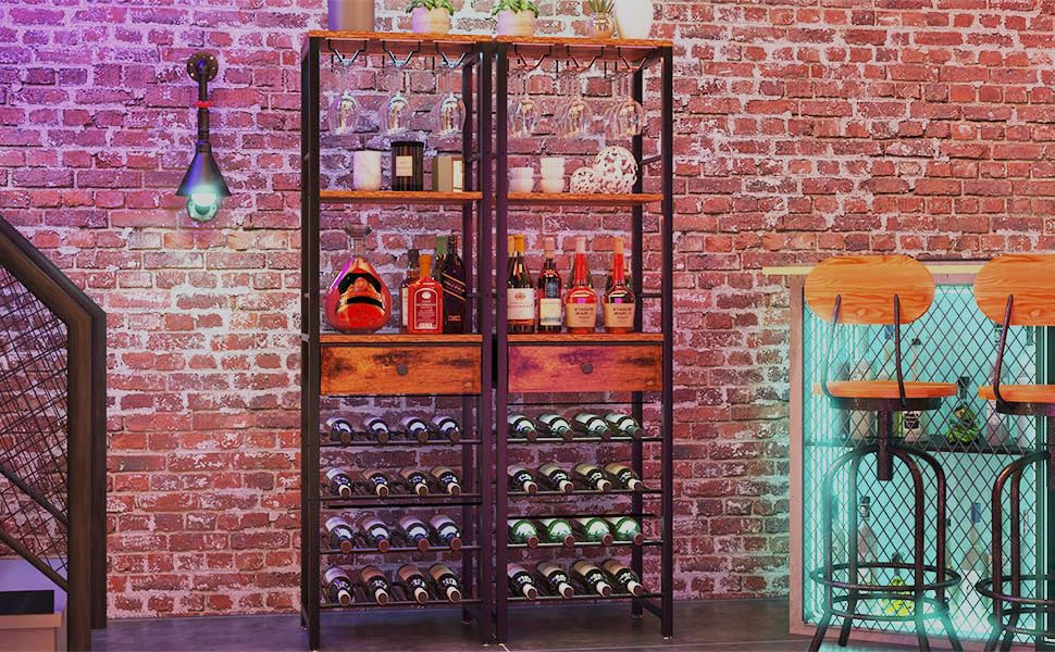 IBUYKE Wine Rack Freestanding Floor, Bar Cabinet for Liquor and Glasses,4-Tier Wood Coffee Bar Cabinet,Glass Holder and Storage Drawer for Home Bar Kitchen Living Room,Rustic Brown UTMJ905H
