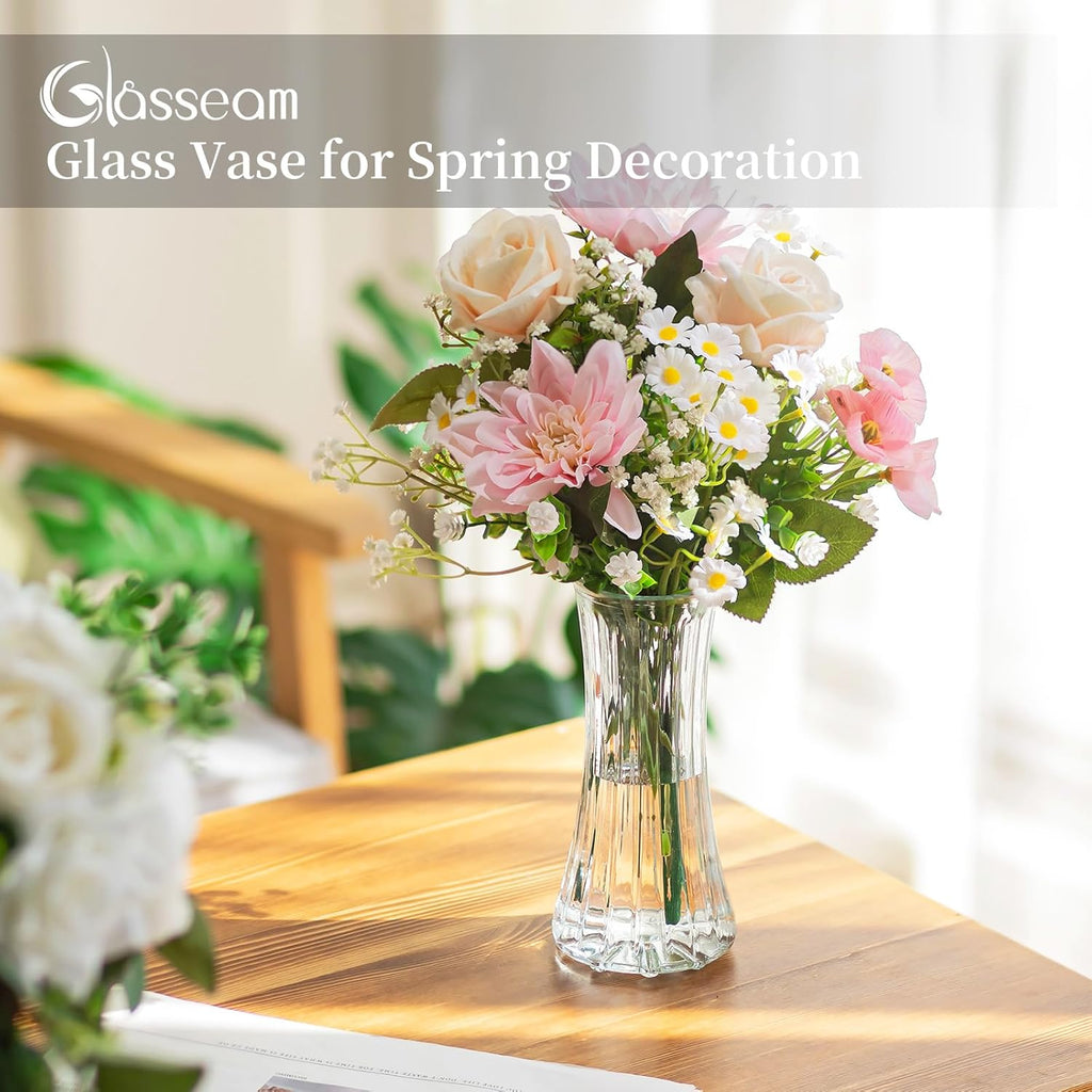 Glass Vase for Home Decor: Clear Flower Vases for Living Room Kitchen Bathroom Wedding Table Centerpieces - 7.5" Tall Modern Vintage Decorations for Bouquet Pampas Grass Lego Flowers
