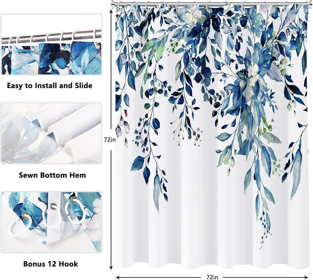 Shower Curtain Blue Eucalyptus Shower Curtains for Bathroom, Watercolor Leaf Shower Curtain Sets Waterproof Plant Shower Curtain Leaves Fabric Cloth Bathroom Curtains 72x72 inch with Hooks