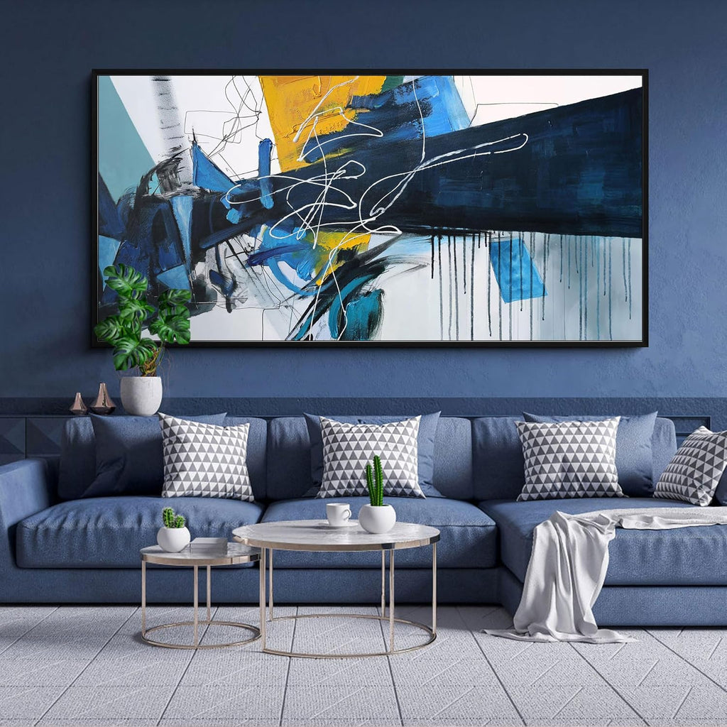 Large Wall Art for Living Room - Abstract Wall Decor Framed Picture Artwork for Wall Decorative Paintings Blue and White Modern Office Bedroom Art