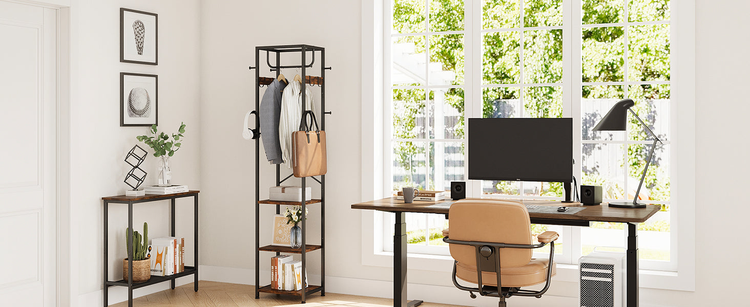 Coat Rack Freestanding, Hall Tree with 3 Storage Shelves and 12 Hooks, Industrial Clothes Rack Stand Organizer for Bedroom, Hallway, Entryway, Office, Living Room, Rustic Brown