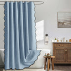 Beige Scalloped Shower Curtain Linen Textured with 12 Metal Hooks Cute Heavy Duty Washable Waterproof Neutral Thick Cloth Shower Curtains with Black Border for Bathroom Bathtub,W72*L72 Cream