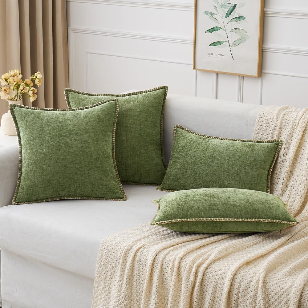 MIULEE Pack of 2 Couch Throw Pillow Covers 18x18 Inch Sage Green Farmhouse Decorative Pillow Covers with Stitched Edge Soft Chenille Solid Dyed Summer Pillow Covers for Sofa Bed Living Room