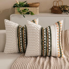 Boho Chenille Tufted Couch Throw Pillow Covers 18x18 Inch Set of 2 Farmhouse Striped Decorative Pillow Covers Accent Neutral Square Pillowcase Green Cushion Covers for Livingroom Sofa Bed