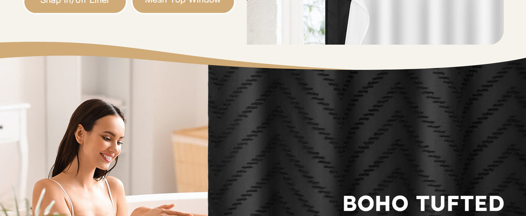 No Hook Shower Curtain and Liner Set, Black Snap in Shower Curtain Ringless Chevron Tufted Cloth Waterproof Washable Fabric Bath Curtain with See Through Top Window for Bathroom Hotel 71" x 74"