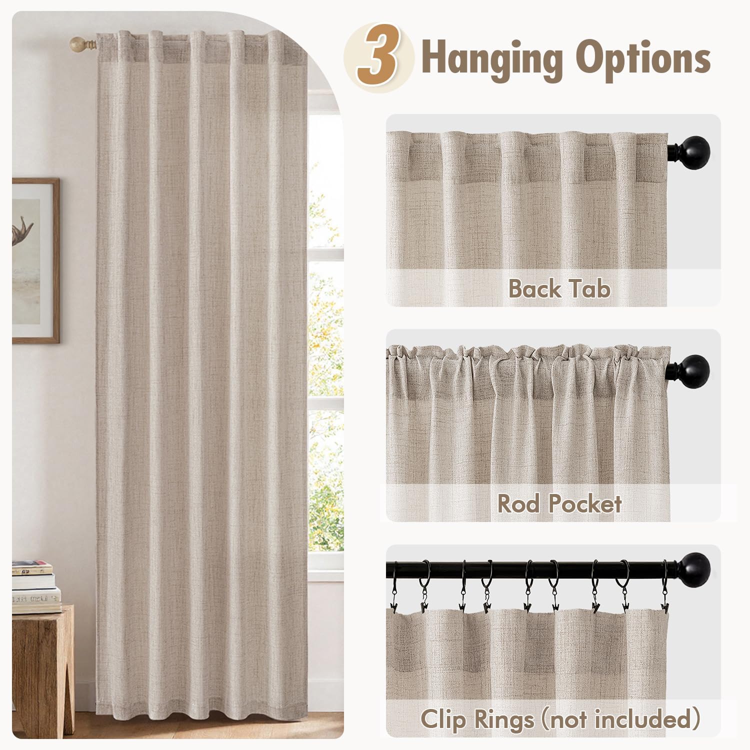 Linen Curtains 84 Inch Length 2 Panels Natural Semi Sheer Curtain with Back Tab Rod Pocket, Light Filtering Window Privacy Burlap Drapes for Living Room Bedroom 42W x 84L Linen