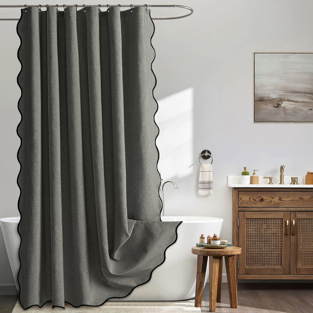 Beige Scalloped Shower Curtain Linen Textured with 12 Metal Hooks Cute Heavy Duty Washable Waterproof Neutral Thick Cloth Shower Curtains with Black Border for Bathroom Bathtub,W72*L72 Cream