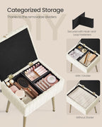 Vanity Stool Chair Faux Fur with Storage, Vanity Bench, Metal Legs, Adjustable Feet, for Living Room, Bedroom, Makeup Room, Cream White ULOM505WZ02