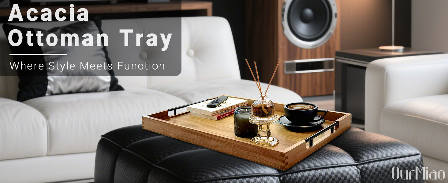 22 Inches Acacia Wood Serving Tray with Metal Handles, Large Wooden Rectangle Ottoman Tray, Decorative and Durable Design for Living Room Coffee Table Couch Kitchen