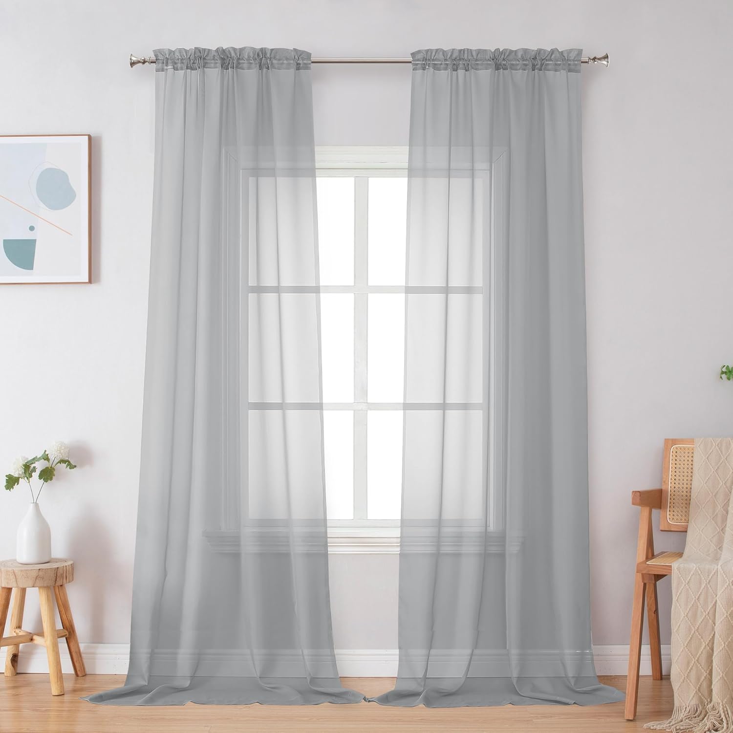 Black Sheer Curtains 63 Inch Length 2 Panels, Rod Pocket Solid Color Window Sheer Curtain Panels, Elegant Curtains & Drapes for Living Room, Bedroom 2 Panels (Black, 42" W x 63" L)