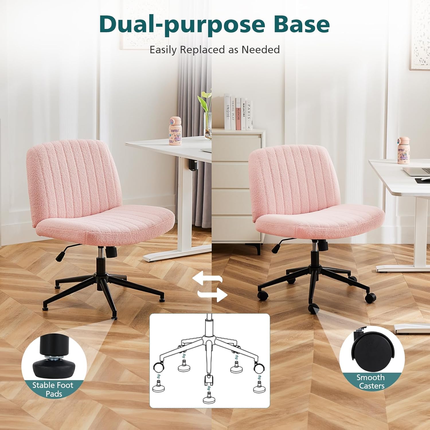 Criss Cross Chair with Wheels Wide Cross Legged Office Desk Vanity Chair Comfy Fabric Armless Adjustable Swivel for Home Computer Task Teddy Pink