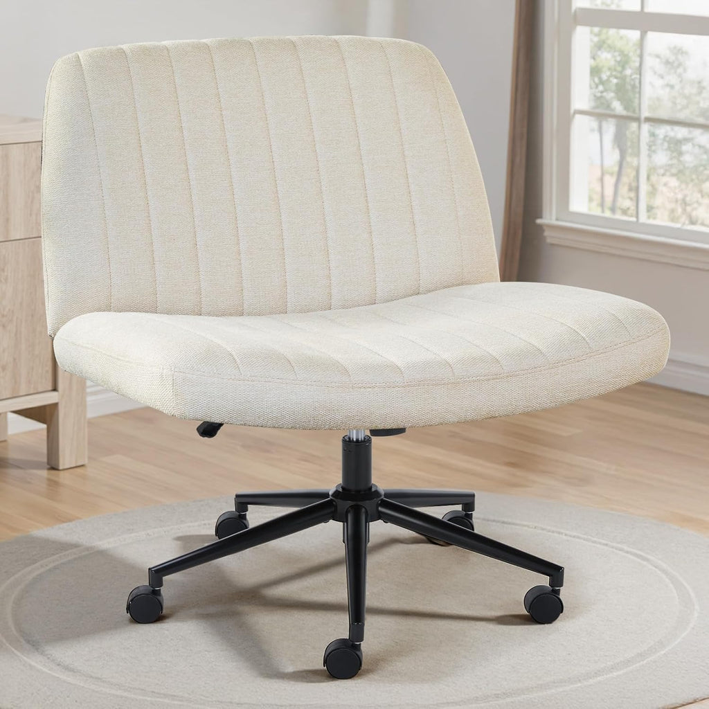 Criss Cross Chair with Wheels Wide Cross Legged Office Desk Vanity Chair Comfy Fabric Armless Adjustable Swivel for Home Computer Task Teddy Pink