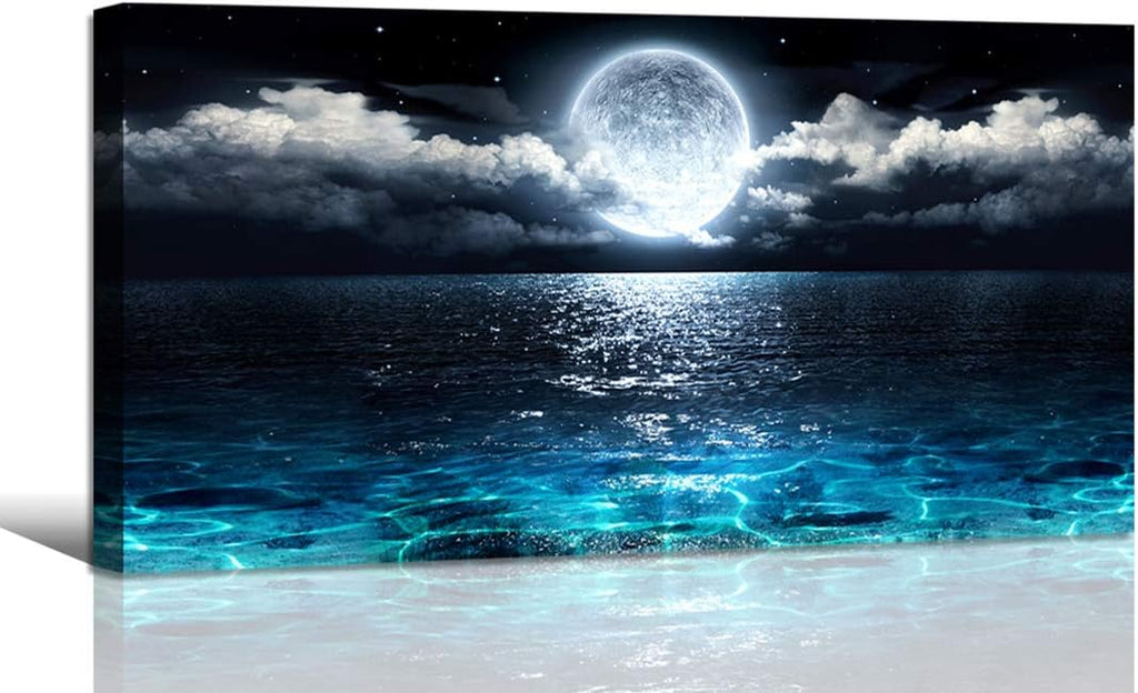 Wall Art Moon Sea Ocean Landscape Picture Canvas Wall Art Print Paintings Modern Artwork for Living Room Wall Decor and Home Décor Framed Ready to Hang,1inch Thick Frame, Waterproof Artwork.