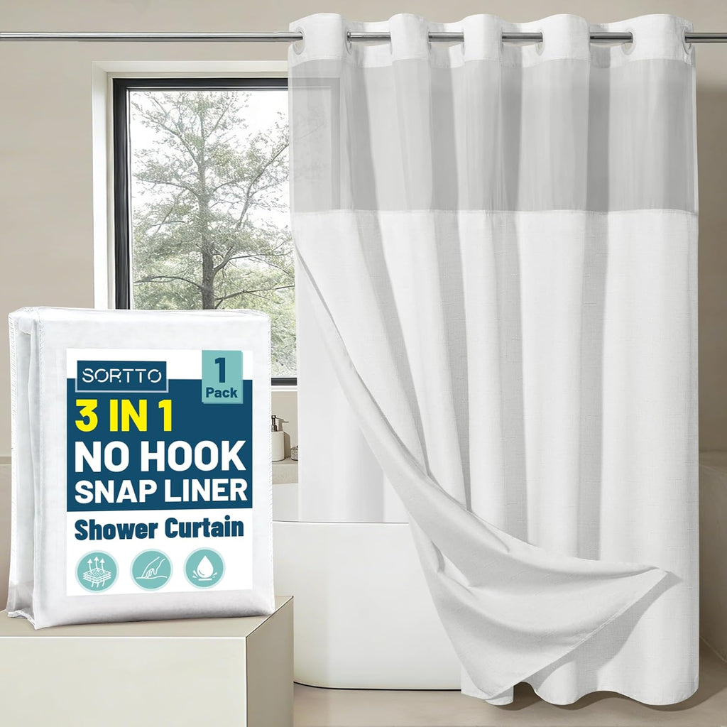 No Hook Slub Textured Shower Curtain with Snap in Liner - Black Fabric Outer Curtain & Waterproof Inner Liner, Hotel Style with See Through Top Window, 71x74 in