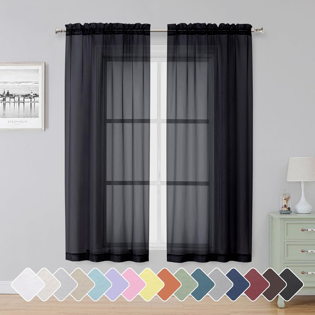Black Sheer Curtains 63 Inch Length 2 Panels, Rod Pocket Solid Color Window Sheer Curtain Panels, Elegant Curtains & Drapes for Living Room, Bedroom 2 Panels (Black, 42" W x 63" L)