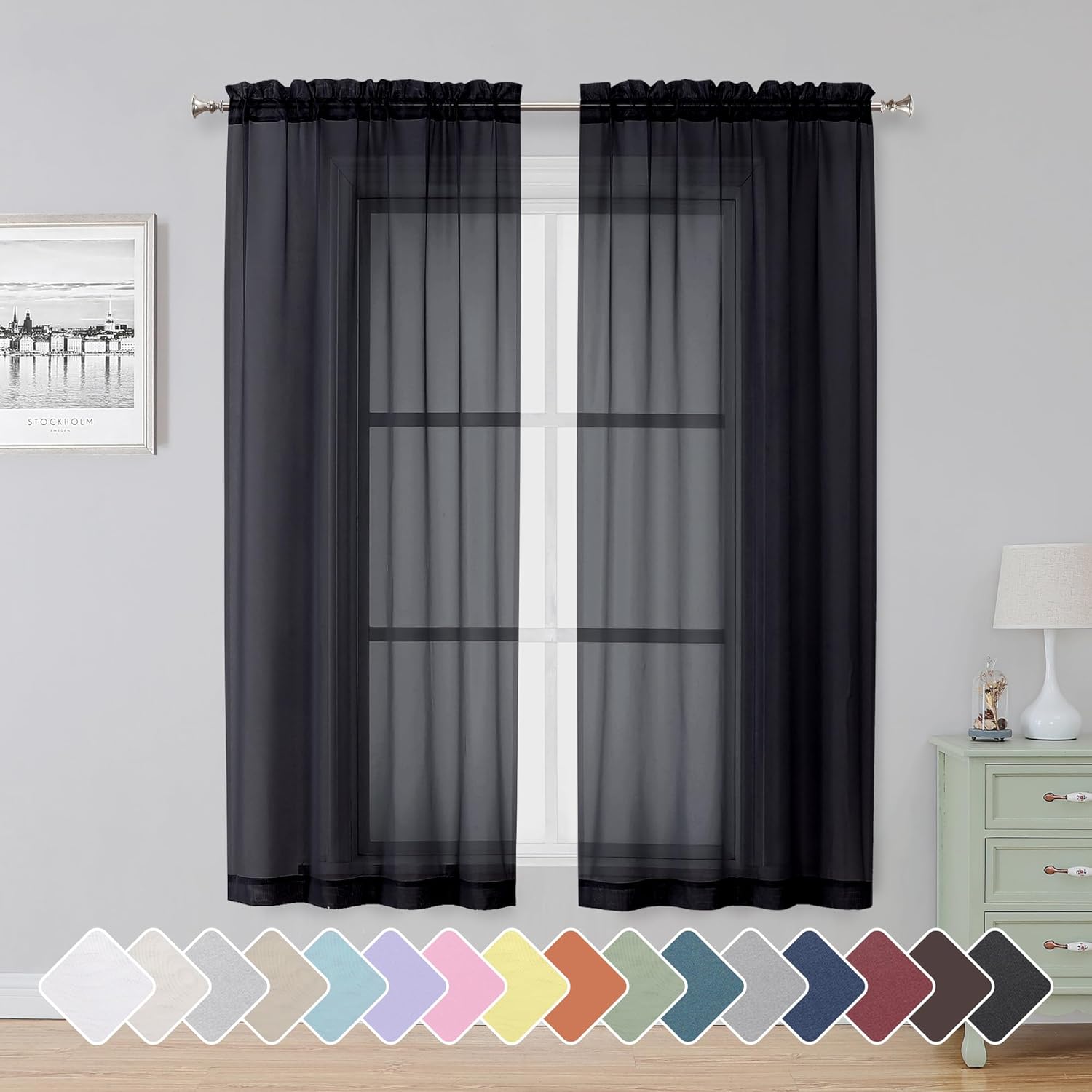 Black Sheer Curtains 63 Inch Length 2 Panels, Rod Pocket Solid Color Window Sheer Curtain Panels, Elegant Curtains & Drapes for Living Room, Bedroom 2 Panels (Black, 42" W x 63" L)