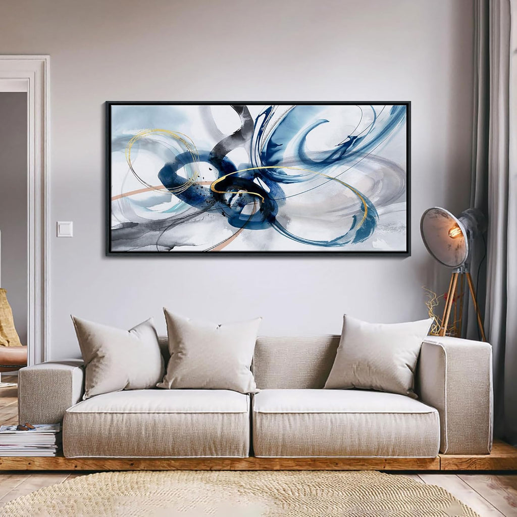 Large Wall Art for Living Room - Abstract Wall Decor Framed Picture Artwork for Wall Decorative Paintings Blue and White Modern Office Bedroom Art