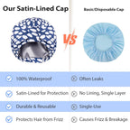 Luxury Shower Cap for Women Reusable Waterproof, Double Layered Shower Hair Cap with Adjustable Elastic Strap, Large Satin Lined Shower Bath Cap for Long Curly Straight Hair, Blue