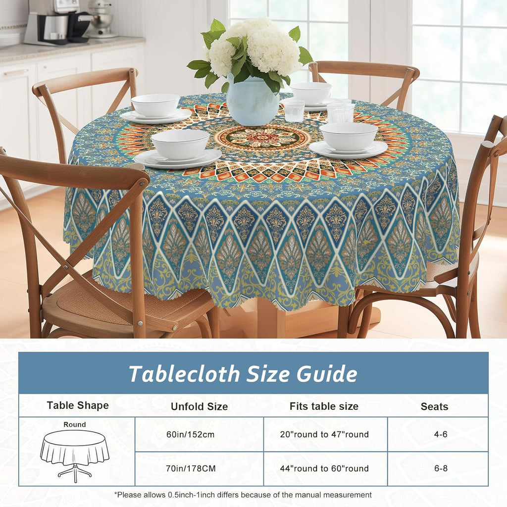 Bohemia Round Tablecloth,Tablecloth Waterproof and Wrinkle-Free, Boho Table Covers, Summer Decorations for Home 60inch