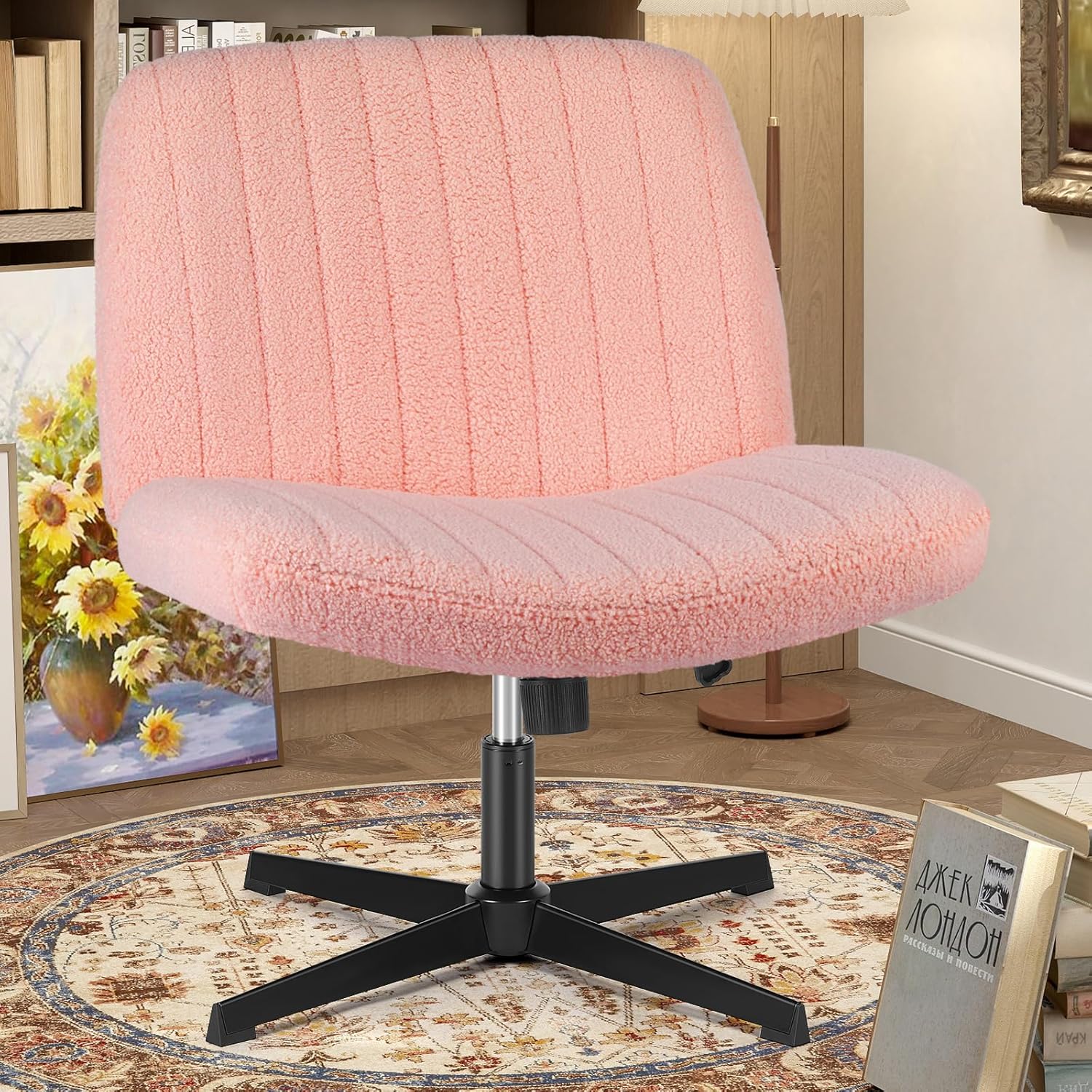Criss Cross Chair with Wheels Wide Cross Legged Office Desk Vanity Chair Comfy Fabric Armless Adjustable Swivel for Home Computer Task Teddy Pink