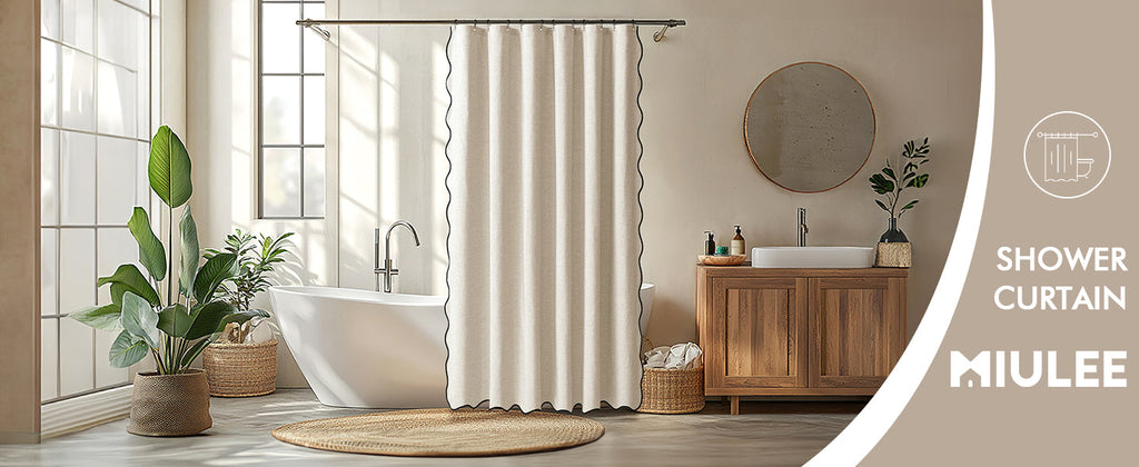 Beige Scalloped Shower Curtain Linen Textured with 12 Metal Hooks Cute Heavy Duty Washable Waterproof Neutral Thick Cloth Shower Curtains with Black Border for Bathroom Bathtub,W72*L72 Cream