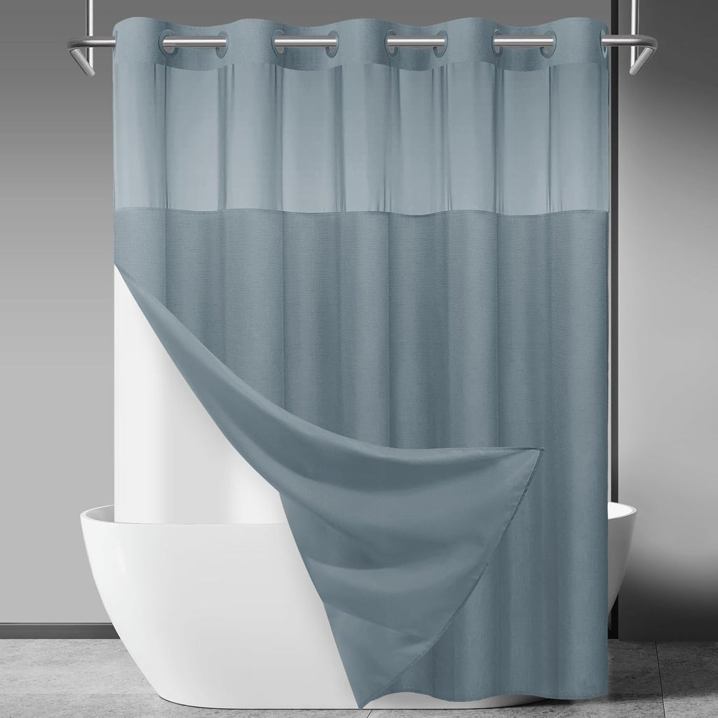 No Hook Slub Textured Shower Curtain with Snap in Liner - Black Fabric Outer Curtain & Waterproof Inner Liner, Hotel Style with See Through Top Window, 71x74 in