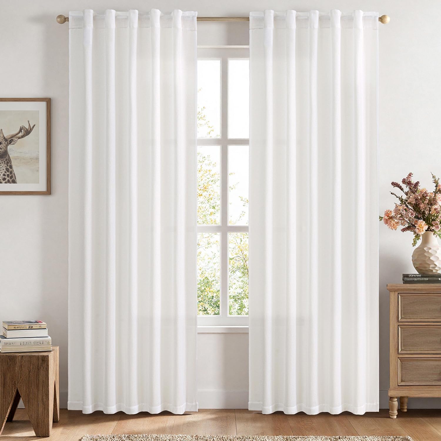 Linen Curtains 84 Inch Length 2 Panels Natural Semi Sheer Curtain with Back Tab Rod Pocket, Light Filtering Window Privacy Burlap Drapes for Living Room Bedroom 42W x 84L Linen