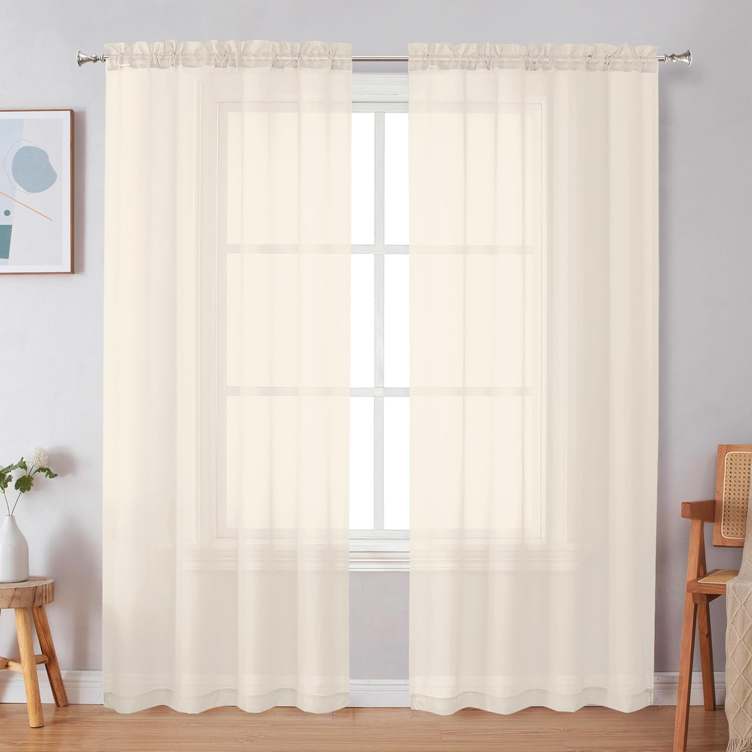 Black Sheer Curtains 63 Inch Length 2 Panels, Rod Pocket Solid Color Window Sheer Curtain Panels, Elegant Curtains & Drapes for Living Room, Bedroom 2 Panels (Black, 42" W x 63" L)