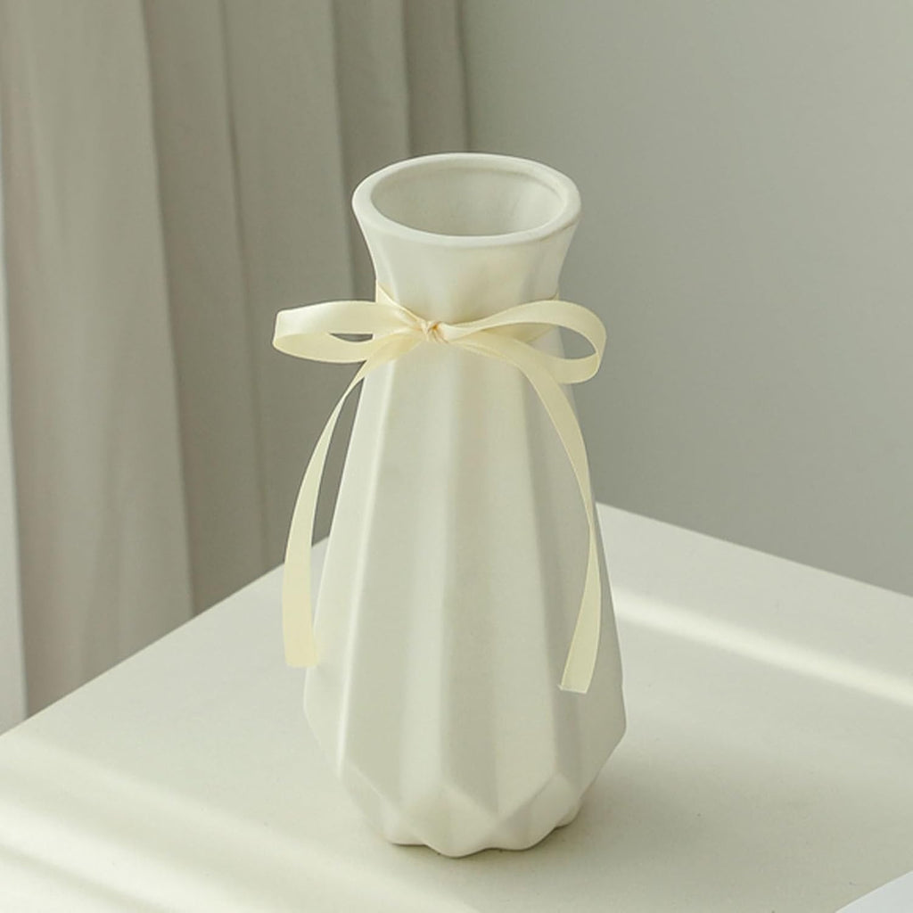 Ceramic Vase with Ribbon, 7.9" H, Artistic Design Flower Vase Geometrical Style for Modern Home Decoration