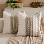Boho Chenille Tufted Couch Throw Pillow Covers 18x18 Inch Set of 2 Farmhouse Striped Decorative Pillow Covers Accent Neutral Square Pillowcase Green Cushion Covers for Livingroom Sofa Bed