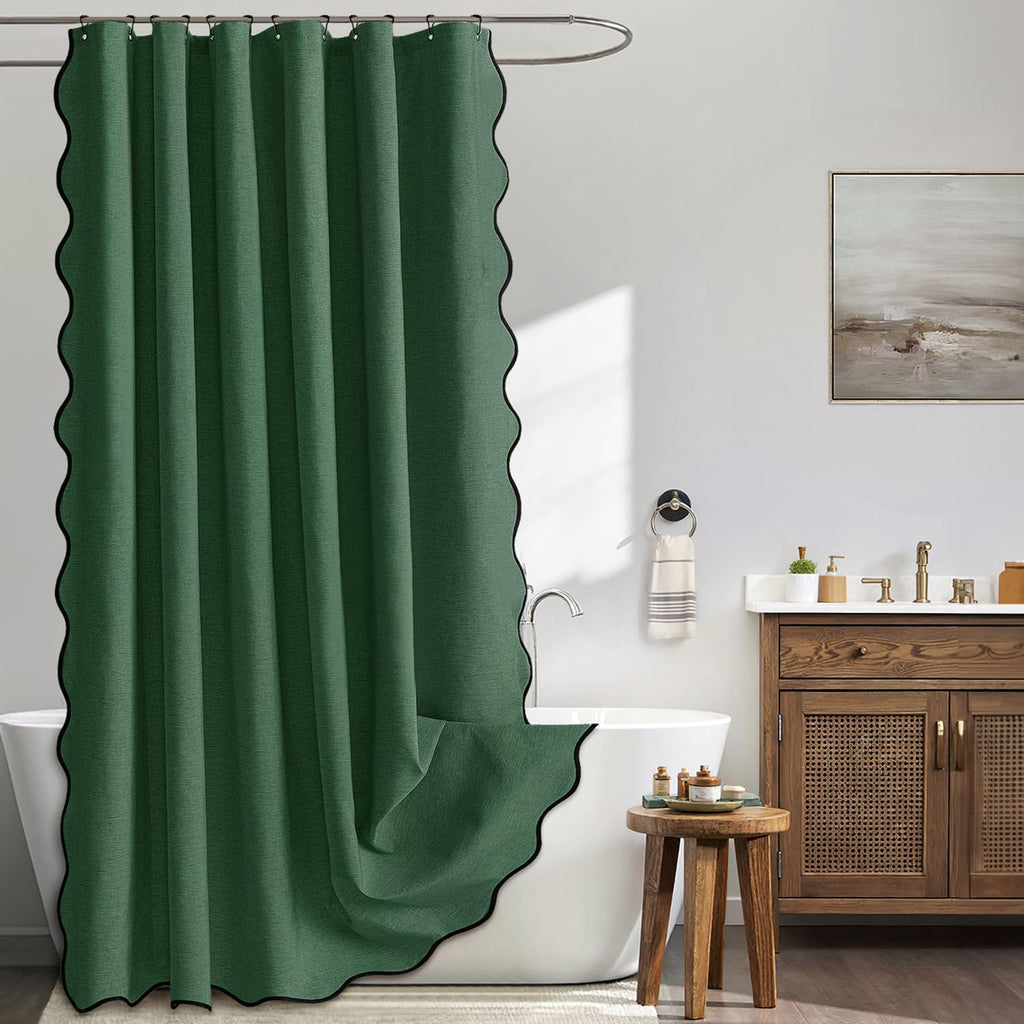 Beige Scalloped Shower Curtain Linen Textured with 12 Metal Hooks Cute Heavy Duty Washable Waterproof Neutral Thick Cloth Shower Curtains with Black Border for Bathroom Bathtub,W72*L72 Cream