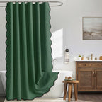 Beige Scalloped Shower Curtain Linen Textured with 12 Metal Hooks Cute Heavy Duty Washable Waterproof Neutral Thick Cloth Shower Curtains with Black Border for Bathroom Bathtub,W72*L72 Cream