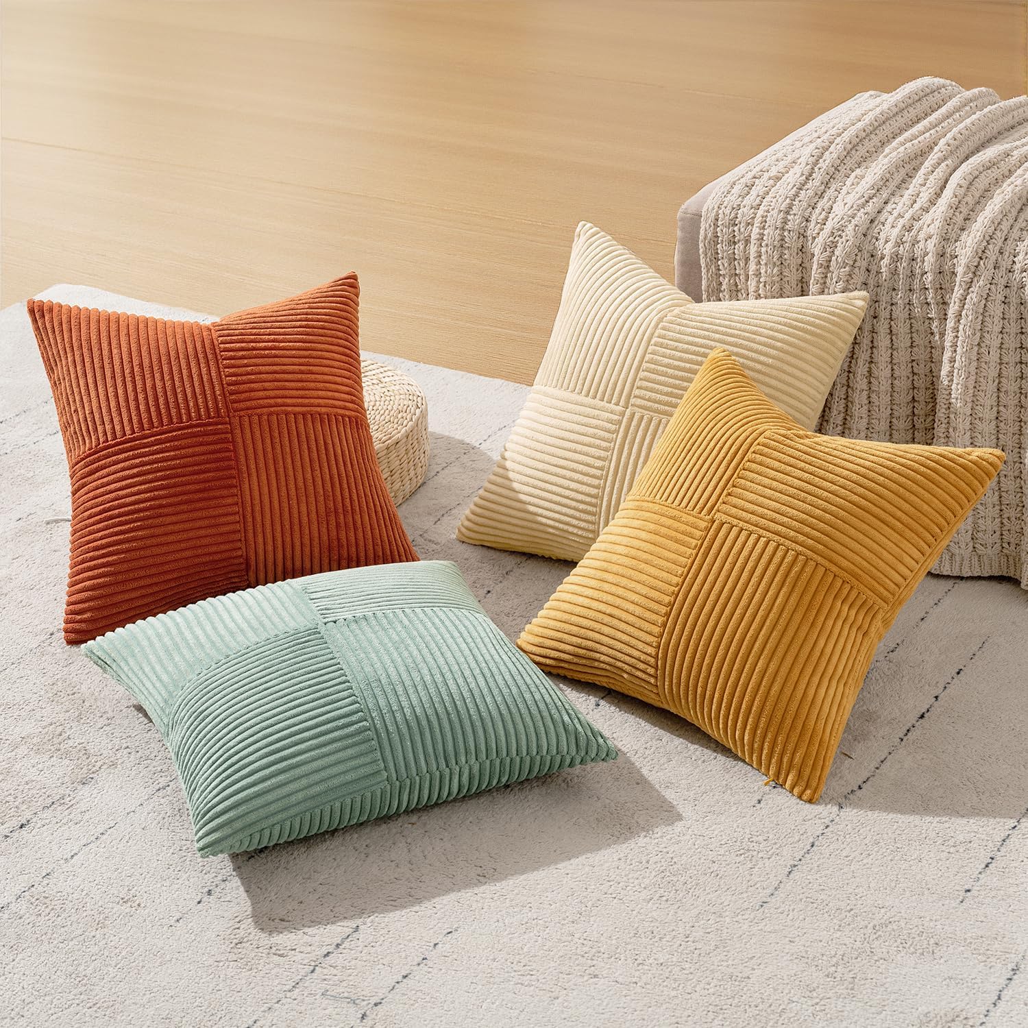 MIULEE Teal Orange Decorative Throw Pillow Covers 18x18 Inch Set of 4 Boho Corduroy Striped Cushion Cases Modern Farmhouse Patchwork Pillow Cases for Couch Sofa Bedroom Home Decor