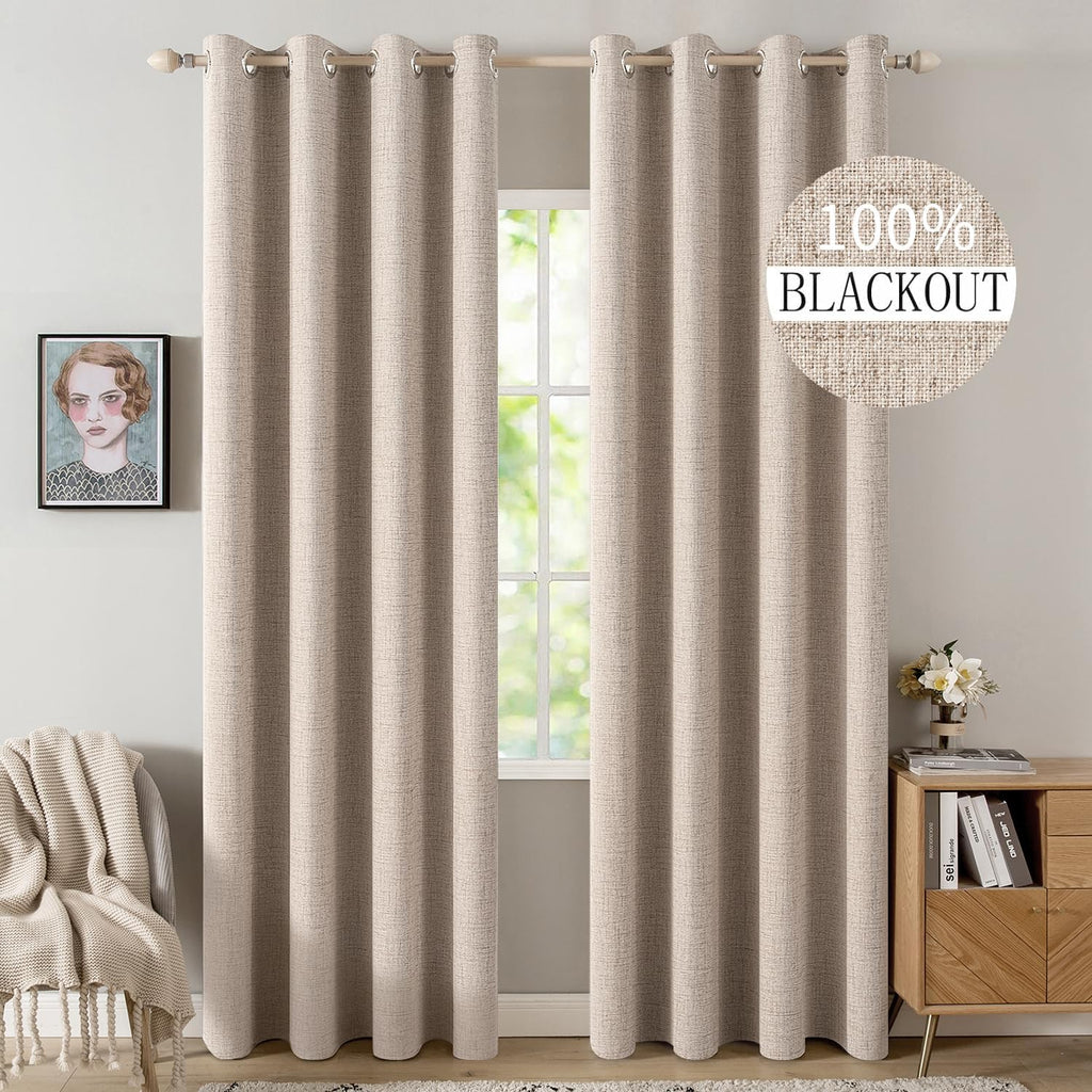 100% Blackout Linen Textured Curtains for Bedroom Solid Thermal Insulated Natural Beige Grommet Room Darkening Curtains & Drapes Luxury Decor for Living Room Nursery 52 x 84 Inch (2 Panels)